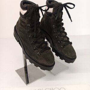 Jimmy Choo Women's Eshe Military Green Corduroy Suede Hiking Boots -EU36.5/US6.5